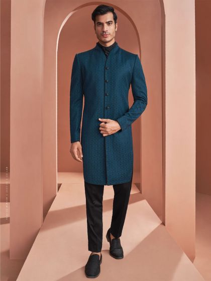 Blue Thread Embroidered Indowestern For Men