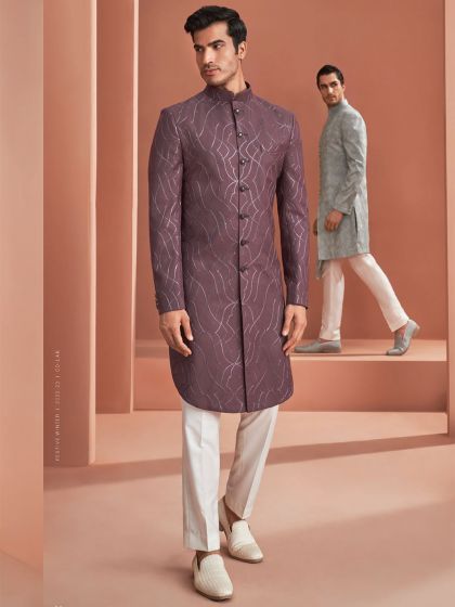 Purple Embroidered Indowestern For Groom