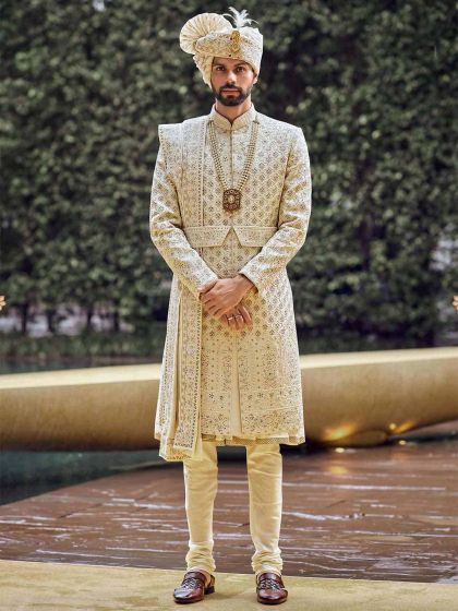 Cream,Golden Colour Silk,Imported Fabric Mens Sherwani.