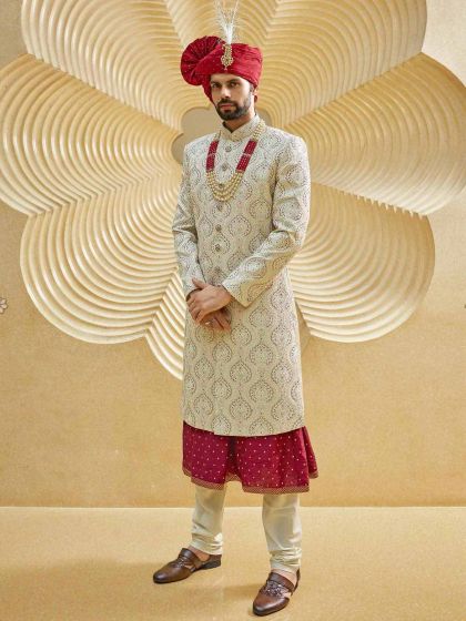 cream colour sherwani for groom, mens sherwani