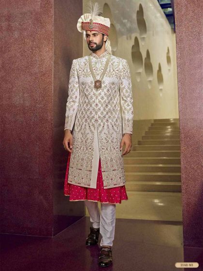 Designer Groom Sherwani Off White Colour in Silk,Imported Fabric.