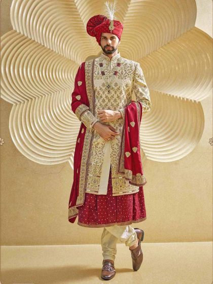 Cream,Golden,Maroon Colour Indian Wedding Sherwani.