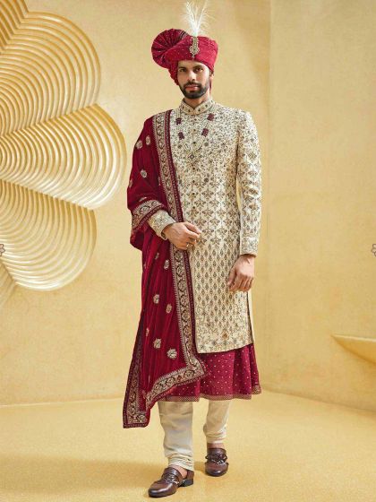 Cream,Golden Colour Silk,Imported Fabric Indian Groom Sherwani.