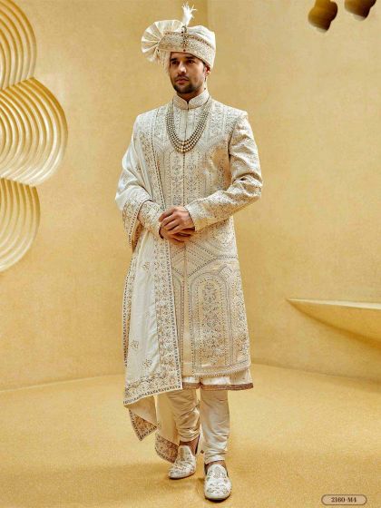 Cream,Golden Colour Silk,Imported Fabric Mens Sherwani.