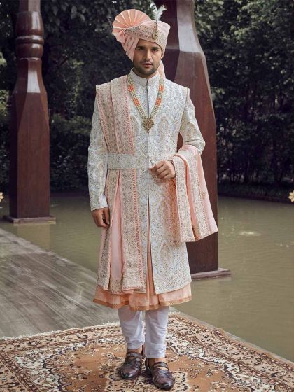 White,Off White Colour Mens Wedding Sherwani in Silk,Imported Fabric.