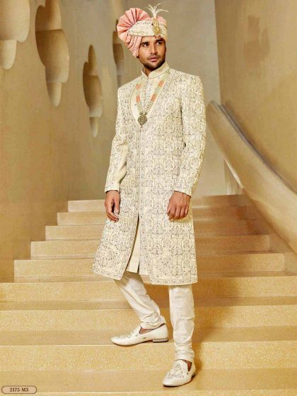 Indian Designer Sherwani Cream,Golden Colour.