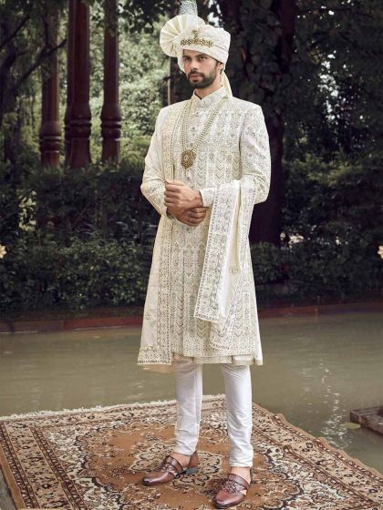 Off White Colour Silk,Imported Fabric Indian Wedding Sherwani.