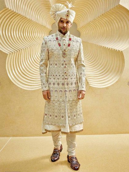 Indian Wedding Sherwani Cream,Golden Colour.