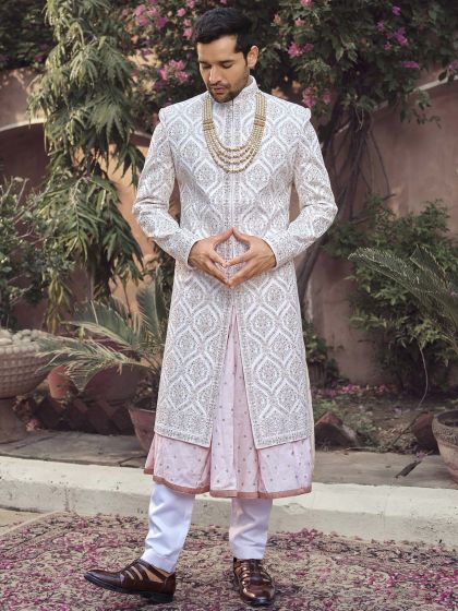 White Readymade Embroidered Sherwani With Anarkali Kurta