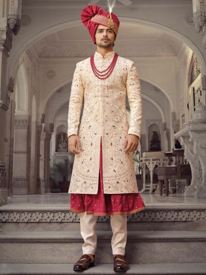 Cream Readymade Embroidered Sherwani With Anarkali Kurta