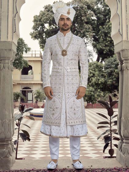 White Readymade Embroidered Anarkali Kurta And Sherwani Set