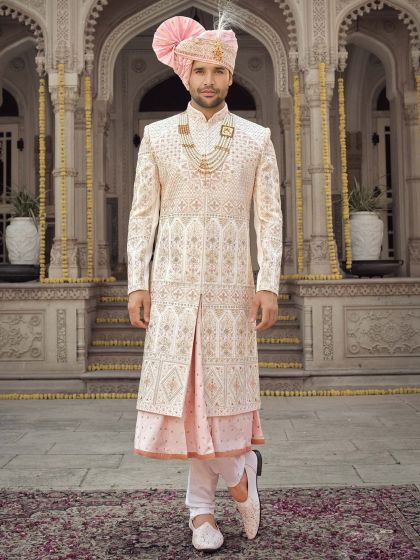 Peach Readymade Embroidered Anarkali Kurta And Sherwani Set