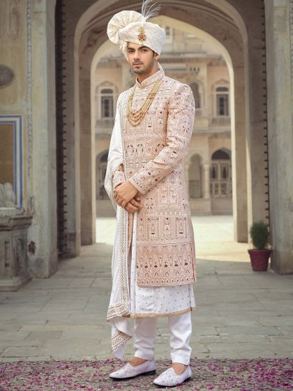 Beige Embroidered Readymad Groom Sherwani Set