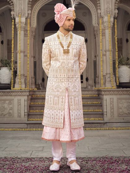 Peach Readymade Thread Embroidered Groom Sherwani Set