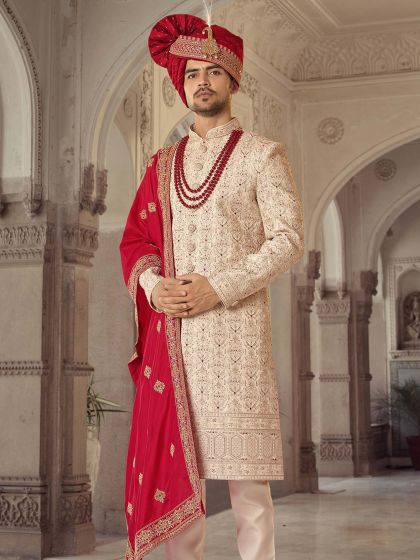 Readymade Cream Embroidered Groom Sherwani Set