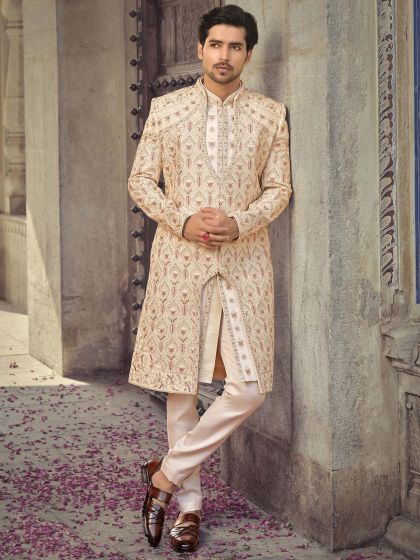 Cream Readymade Thread Embroidered Mens Sherwani Set