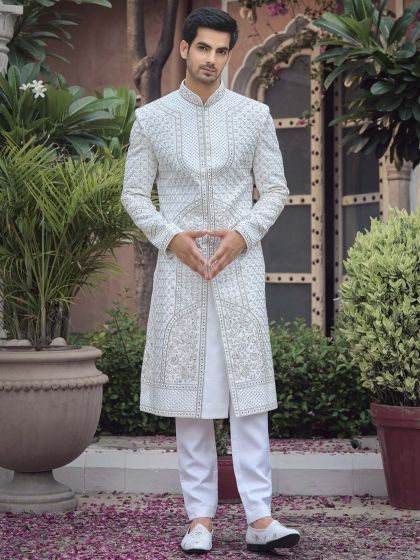 Readymade White Indian Wedding Sherwani for men With Embroidery