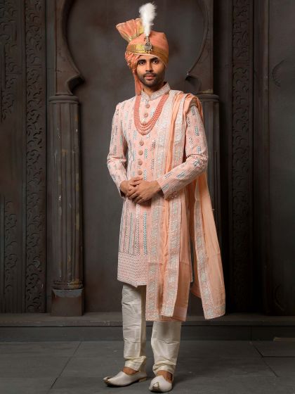 Peach Embroidered Mens Sherwani In Georgette