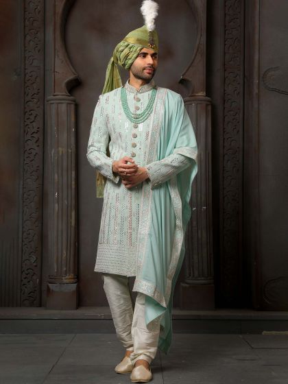 Blue Groom Sherwani With Thread Work