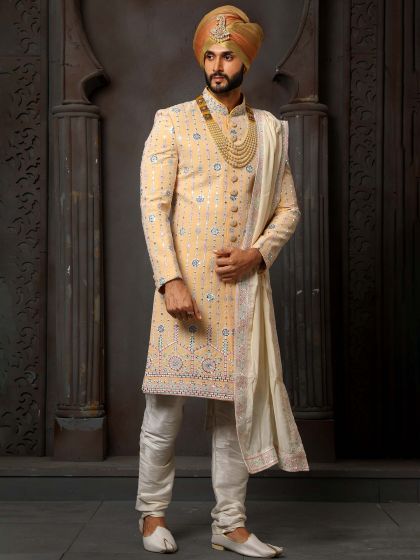 Golden Color Groom Mirror Work Sherwani In Georgette