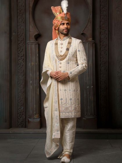 Cream Embroidered Groom Sherwani In Georgette