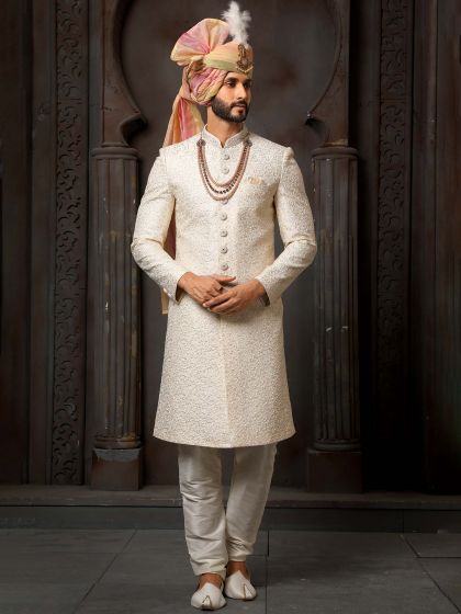 Cream Traditional Sherwani Set With Embroidery