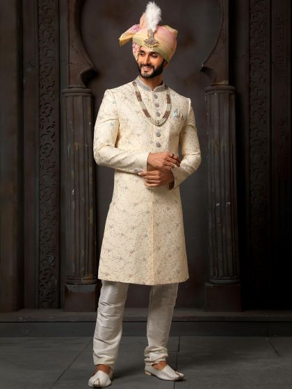 Grey Embroidered Art Silk Sherwani Set