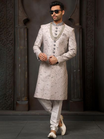 White Sequins Embroidered Art Silk Sherwani Set