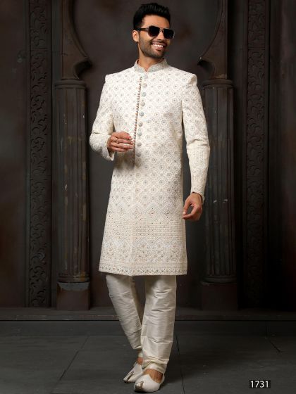 White Sequined Groom Sherwani Set In Georgette