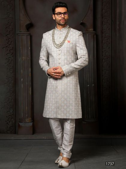 Silver Embroidered Art Silk Sherwani For Men