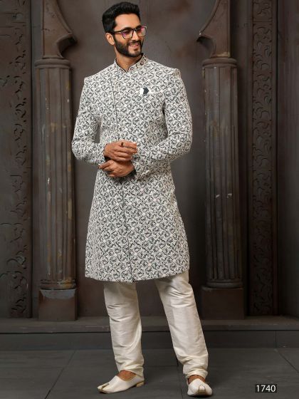 Black Thread Embroidered Engagement Sherwani