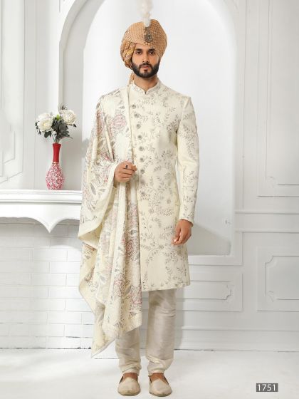 Cream Embroidered Art Silk Sherwani For Men