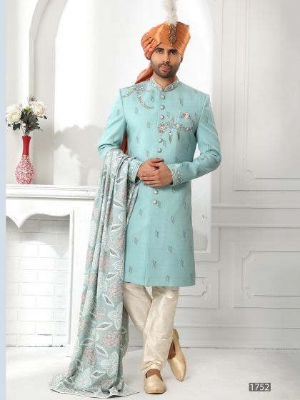 Blue Thread Embroidered Silk Sherwani For Men