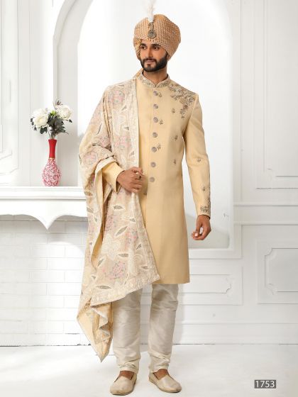 Yellow Embroidered Groom Sherwani In Silk