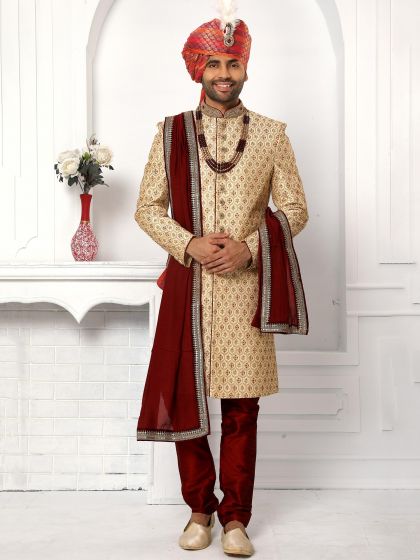 Beige Embroidered Groom Sherwani In Art Silk