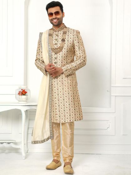 Cream Embroidered Groom Sherwani With Stole