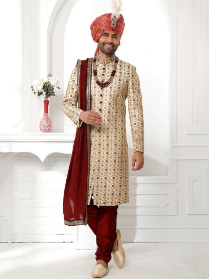 Cream Zari Embroidered Readymade Sherwani