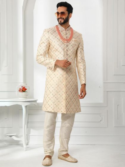 Cream Readymade Sherwani With Embroidery