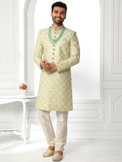 Green Embroidered Traditional Sherwani For Men