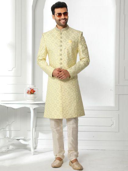 Yellow Art Silk Sherwani With Embroidery