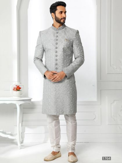 Grey Sequins Embroidered Art Silk Sherwani