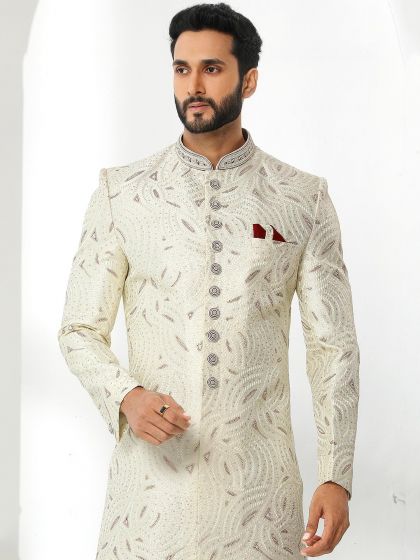 White Sequined Readymade Sherwani In Silk