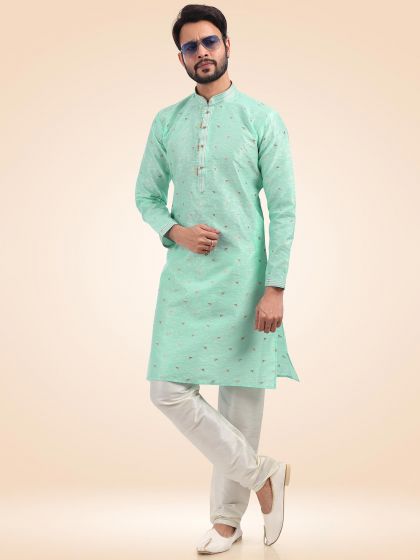 Turquoise Woven Kurta Pajama In Silk