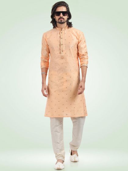 Peach Woven Kurta Pajama In Banarasi Silk