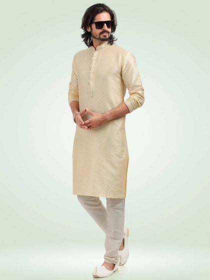 Cream Embroidered Kurta Pyjama For Men