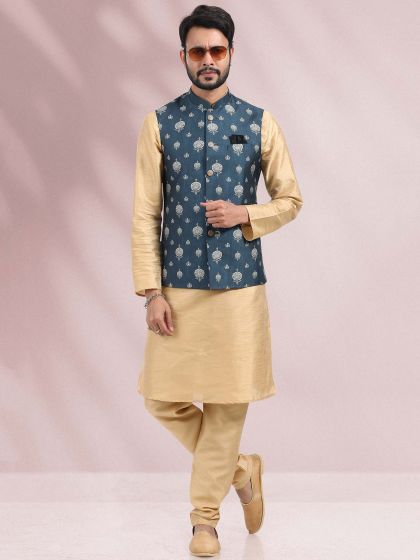 Beige Art Silk Kurta Pajama With Blue Jacket