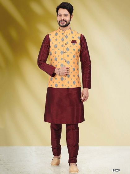 Maroon Kurta Pajama With Jacket Set