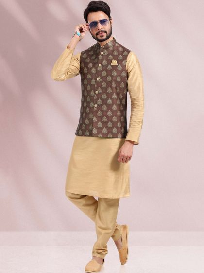 Beige Readymade Kurta Pyjama In Art Silk