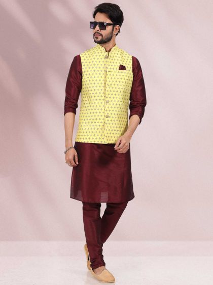 Maroon Art Silk Kurta Pyjama With Jacket Set