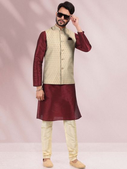 Maroon Silk Kurta Pyjama With Printed Jacket